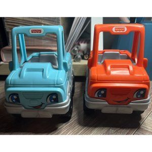 Lot of 2 Fisher Price Little People Orange Pick Up Truck and Blue Jeep SUV